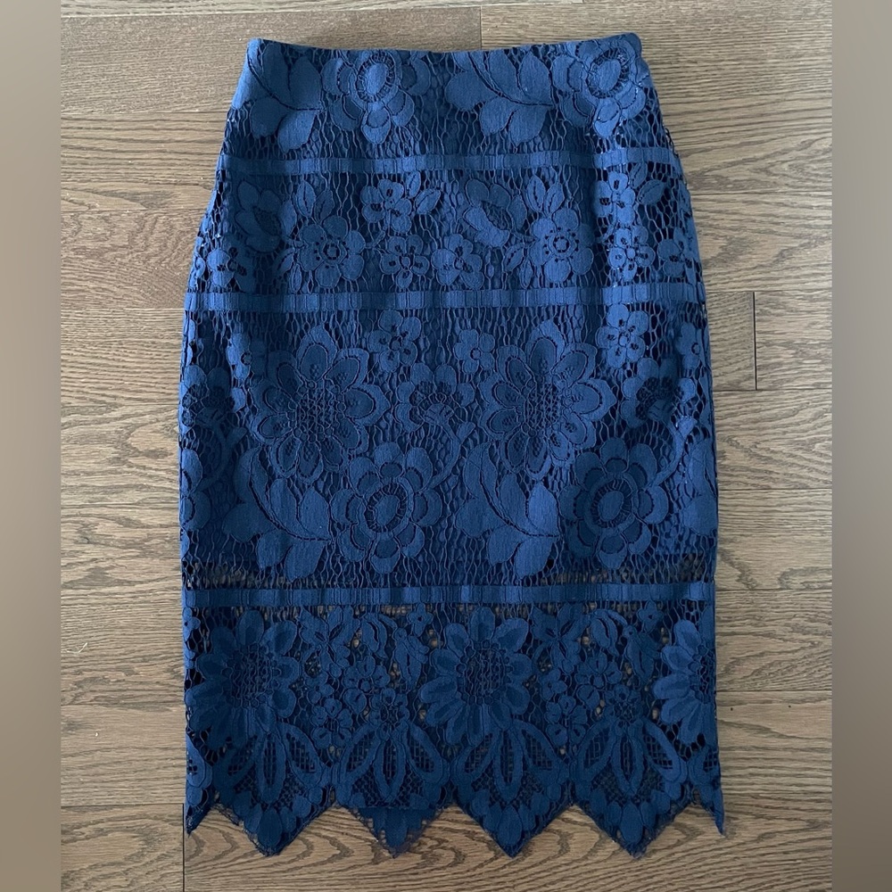 New Lace Overlay Midi Pencil Skirt - Side Zipper - Navy Blue